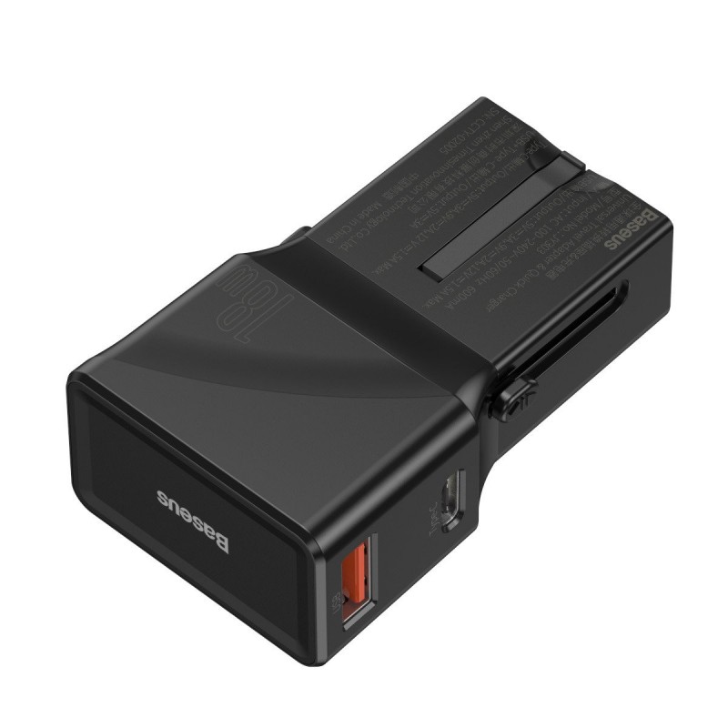 Baseus universal charger, QC 3.0, PD, USB + USB-C, 100-240V, 18W, EU/US/UK/AU (black)