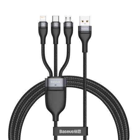 3in1 USB cable Baseus Flash Series, USB-C + micro USB + Lightning, 40W, 5A, 1.2m (black)