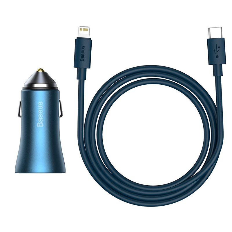 Baseus Golden Contactor Pro car charger, USB + USB-C, QC4.0+, PD, SCP, 40W (blue) + USB-C - Lightning cable 1m (blue)